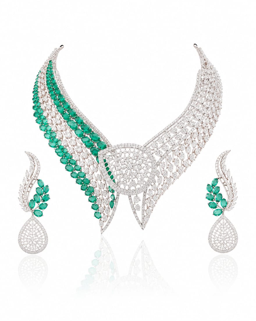 Emerald Wing Necklace Set, Diamond Jewellery by C.L Khanna Jewellers Amritsar