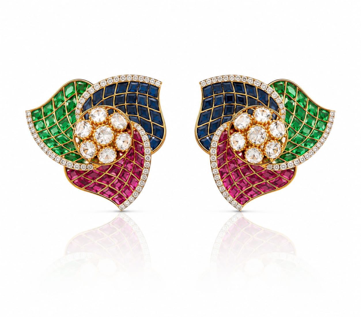 Tricolor Gem Floral Earrings, Diamond Jewellery by C.L Khanna Jewellers Amritsar