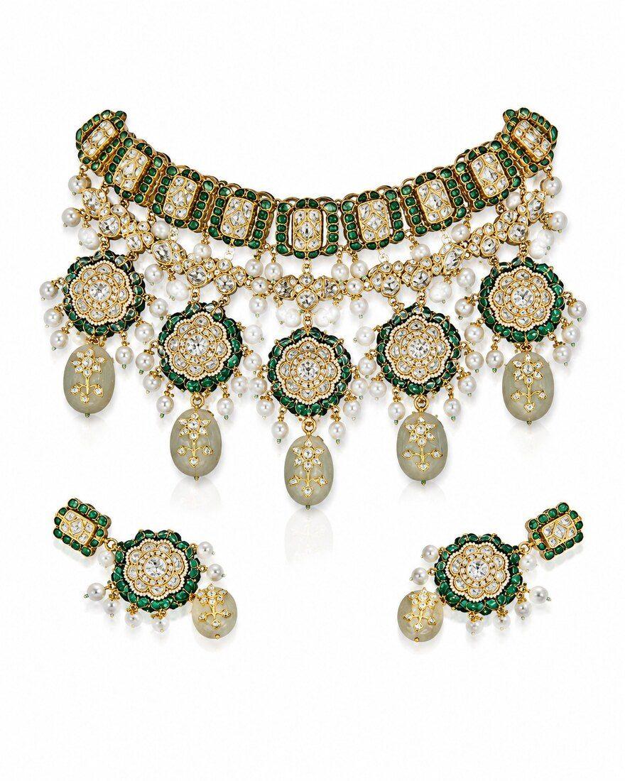Polki Choker with Emerald Drops, Polki Jewellery — C.L Khanna Jewellers Amritsar