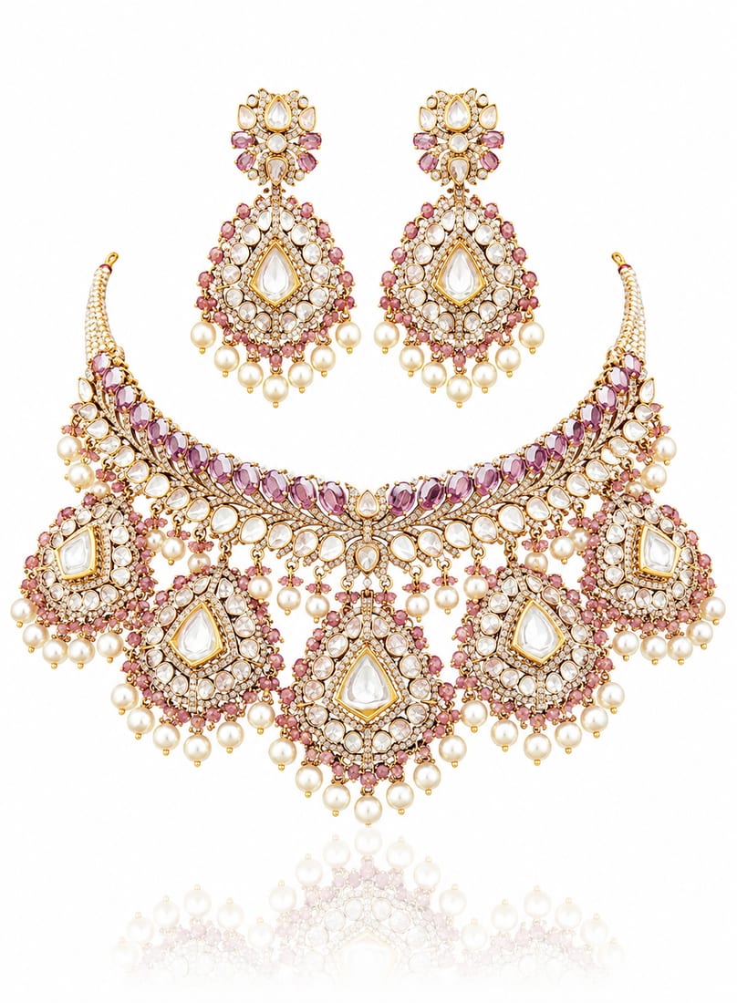 Pink Sapphire Fringe Set, Polki Jewellery by C.L Khanna Jewellers Amritsar