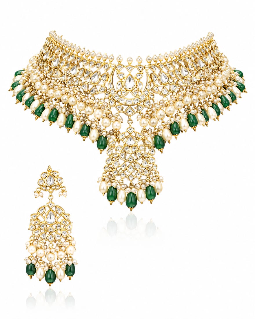 Emerald Bead Polki Set, Polki Jewellery by C.L Khanna Jewellers Amritsar